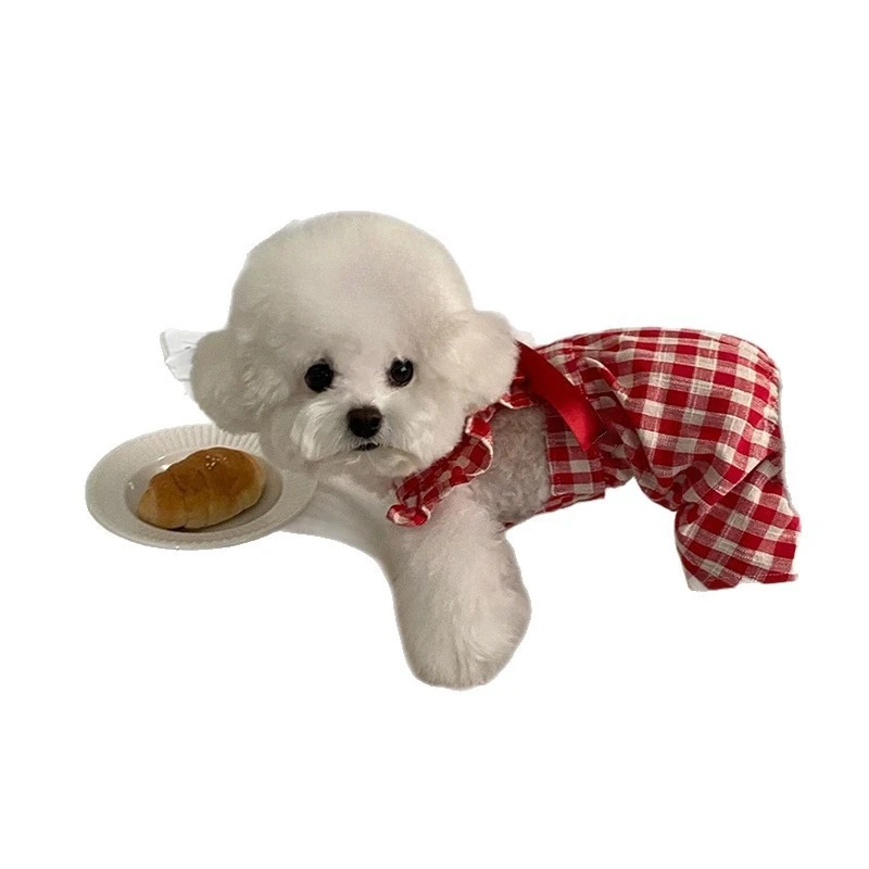 Monos a cuadros de Navidad y Año Nuevo para mascotas, mono rojo de otoño e invierno, vestido de peluche para perros pequeños y medianos, ropa para cachorros - imagen 5