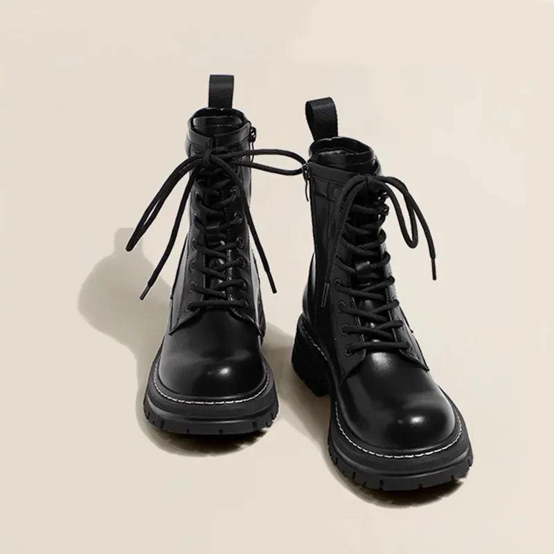 Botas cortas de nieve para mujer, Botines de piel negra y marrón, zapatos acolchados de algodón, fondo grueso cálido, otoño e invierno, novedad - imagen 2