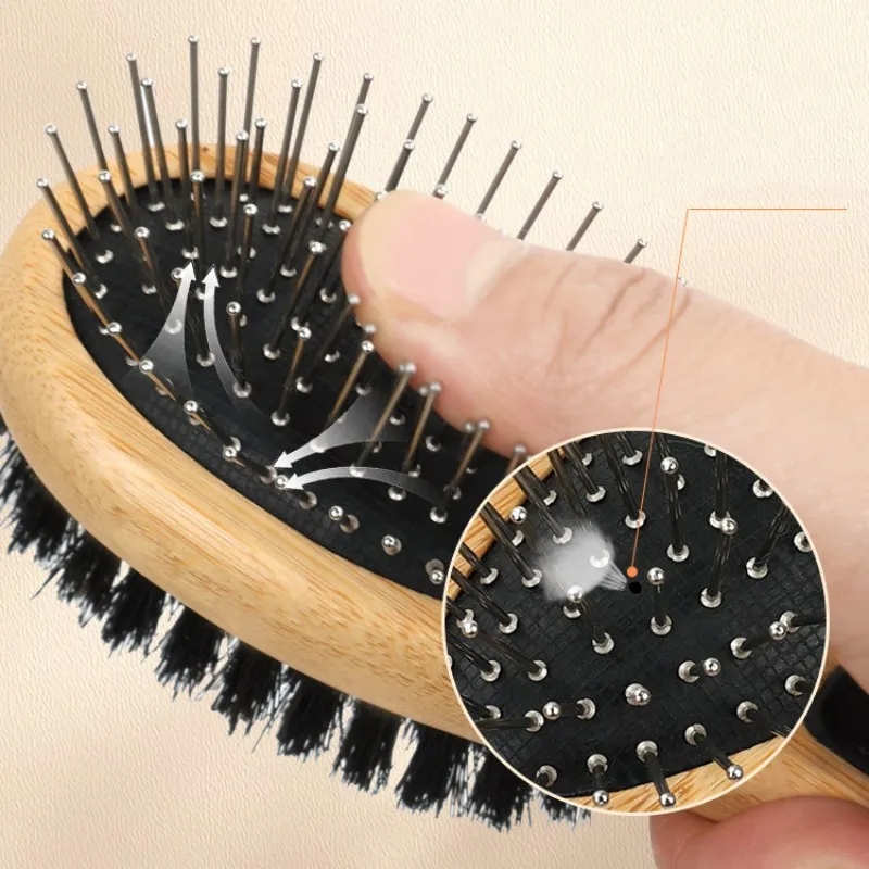 Peine para perros, cepillo de doble cara para perros, cepillo de bambú para el cuidado de perros, removedor de pelo para mascotas, peines de masaje para cepillos de limpieza de nudos de pelo de gato