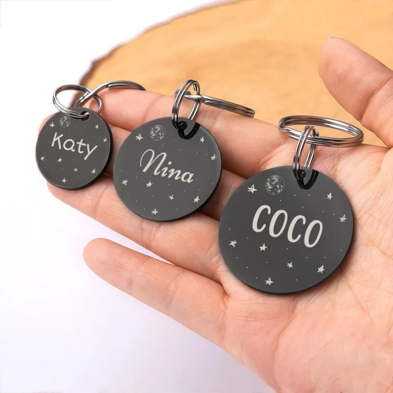 Etiqueta de identificación personalizada para perro, gato, luna y estrella, nombre con símbolos grabados en la parte delantera y trasera para Collar de mascotas personalizado, abalorio de Metal antipérdida - imagen 2