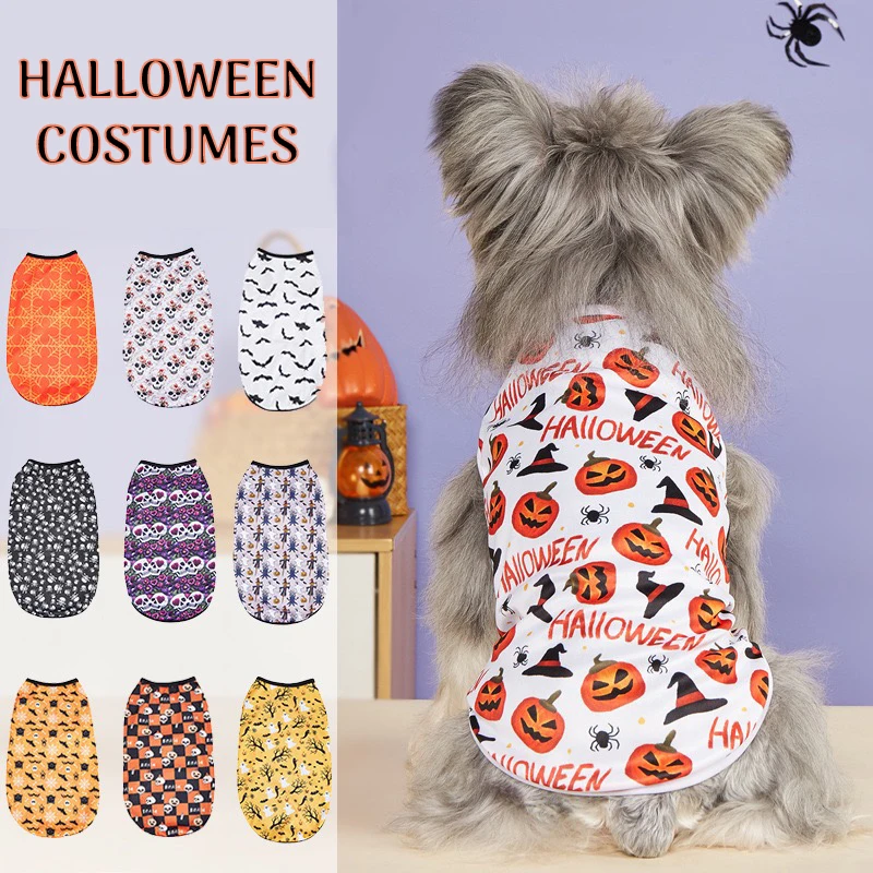 Chaleco de perro Cosplay de dibujos animados, camiseta con estampado completo de calavera y calabaza para fiesta de Halloween, ropa divertida para cachorros de mascota Yorkshire maltés