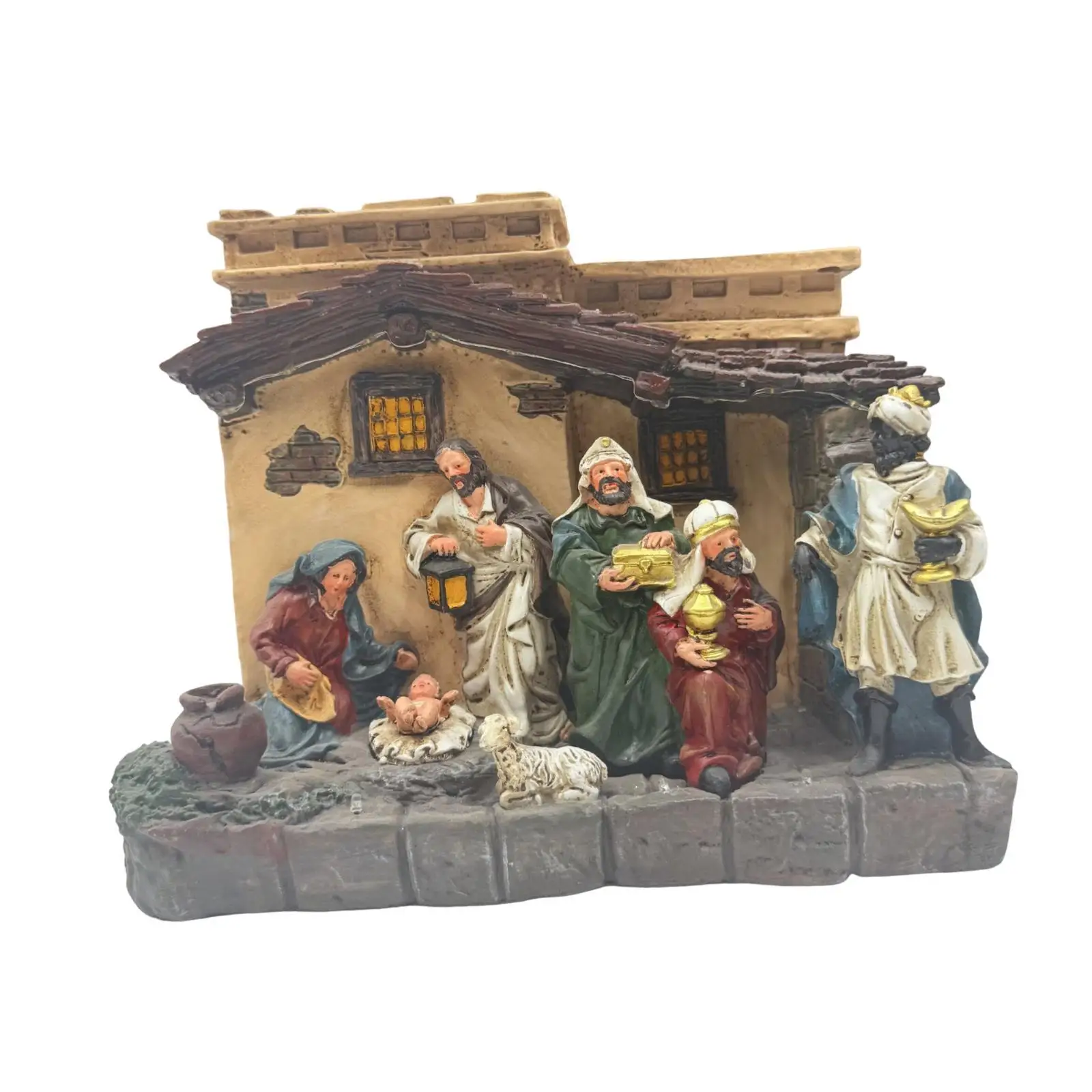 Juego de Natividad navideña de Jesús Manger con iluminación Estatua de resina pintada a mano - imagen 2