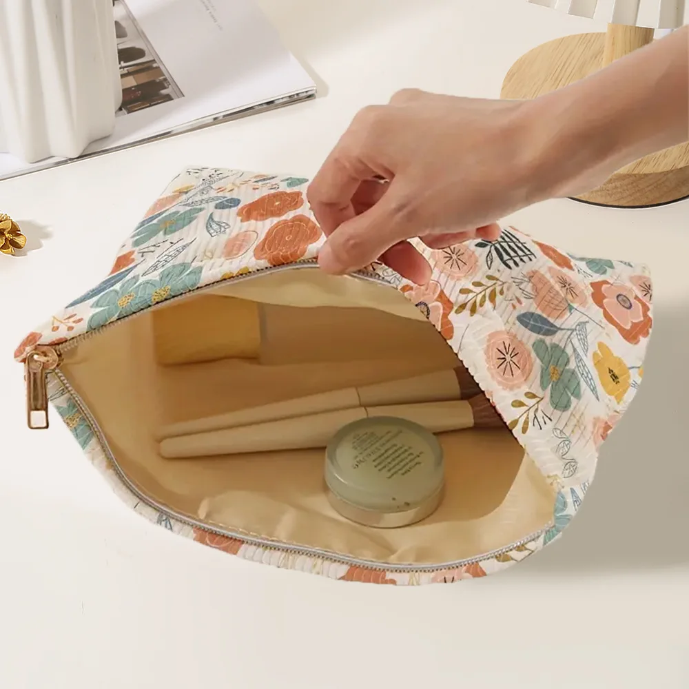 1 bolsa de maquillaje de pana con estampado floral, caja de almacenamiento de maquillaje ligera con cremallera, bolsa multifuncional con forro - imagen 4
