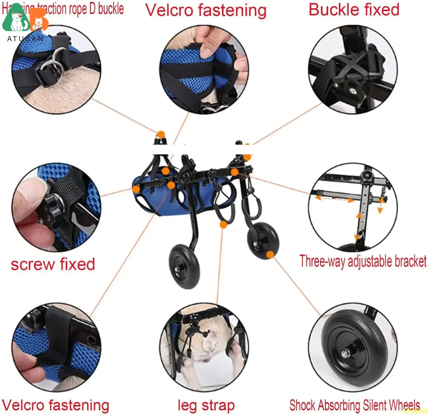 ATUBAN Silla de ruedas para perros y gatos, carrito ajustable para mascotas con ruedas para patas traseras, soporte para perros y soporte para cadera, para recuperar la movilidad - imagen 3