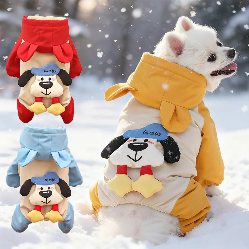 Abrigo de cuatro patas de felpa gruesa para nieve y invierno para mascotas, pantalones de cuatro patas con capucha para mascotas, ropa para cachorros, ropa para perros pequeños