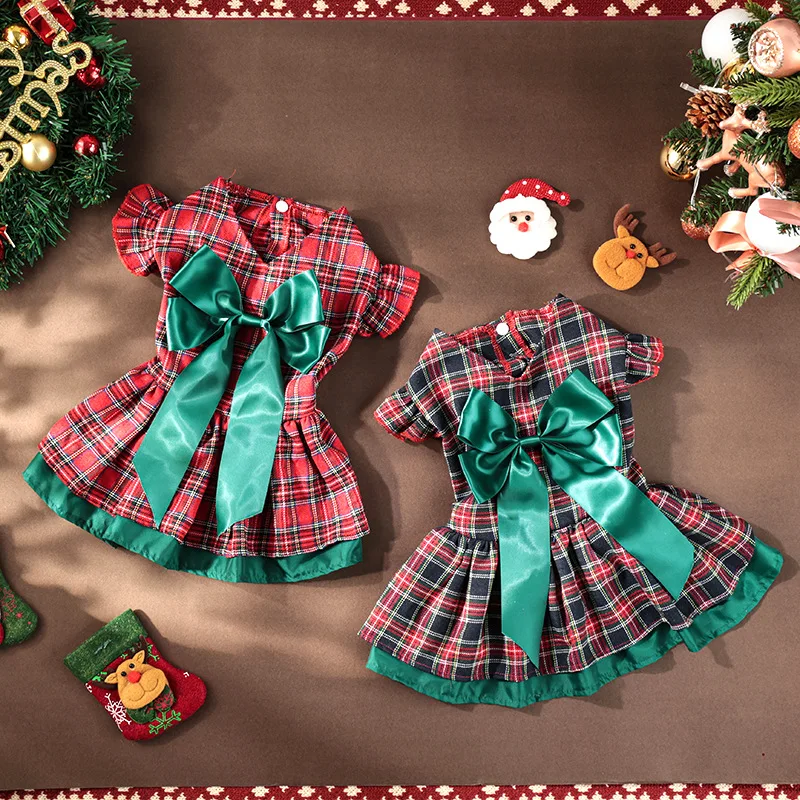 Vestido navideño a cuadros para perros pequeños/medianos con lazo grande, terciopelo cálido, S-XL, traje navideño para mascotas para perros - imagen 4