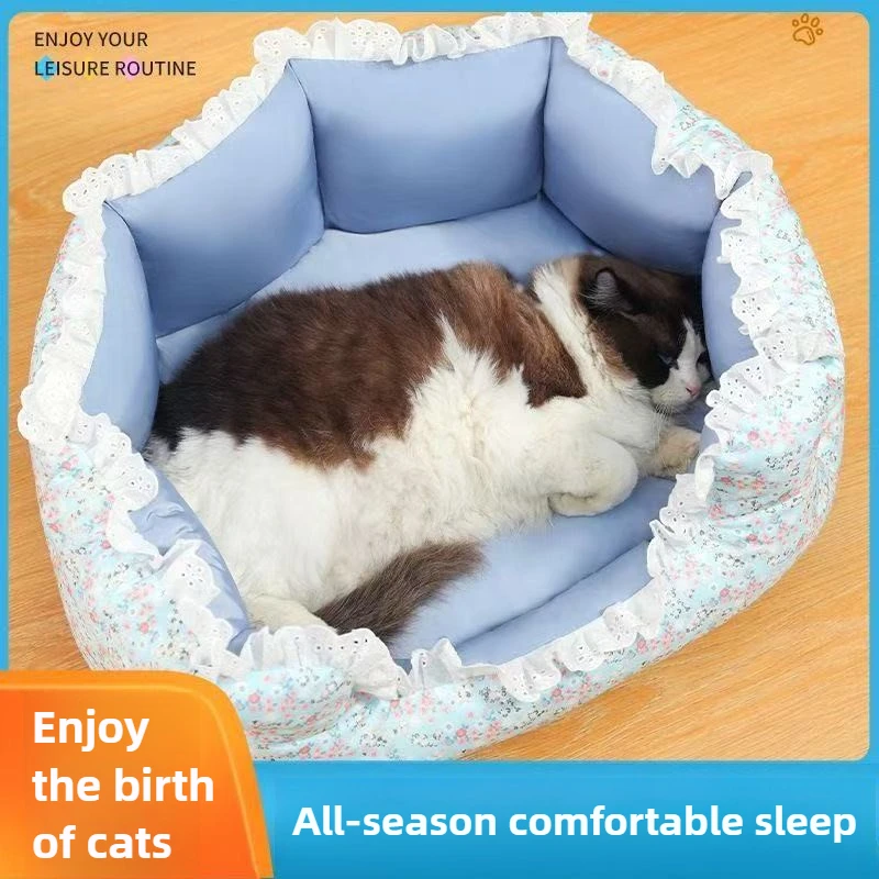 Nido de gato de encaje estampado Universal para las cuatro estaciones, perrera semicerrada, suministros para mascotas, verano, otoño e invierno