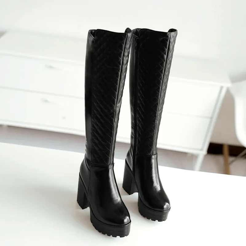 Botas de equitación de tacón alto cuadrado para Mujer, zapatos de plataforma gruesa hasta la rodilla, Botas romanas, zapatos sexys para Mujer, Invierno - imagen 4