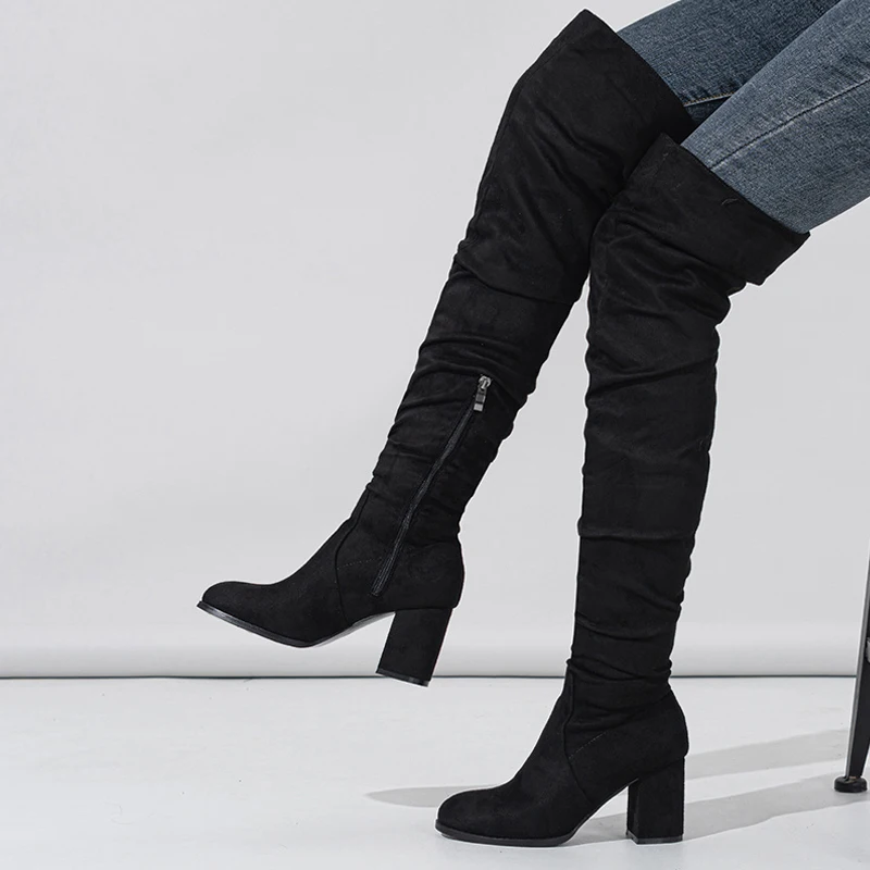 2025 Otoño Invierno negro marrón sobre la rodilla botas mujeres Sexy puntiagudas cremallera muslo zapatos altos tacones cuadrados botines Mujer - imagen 3