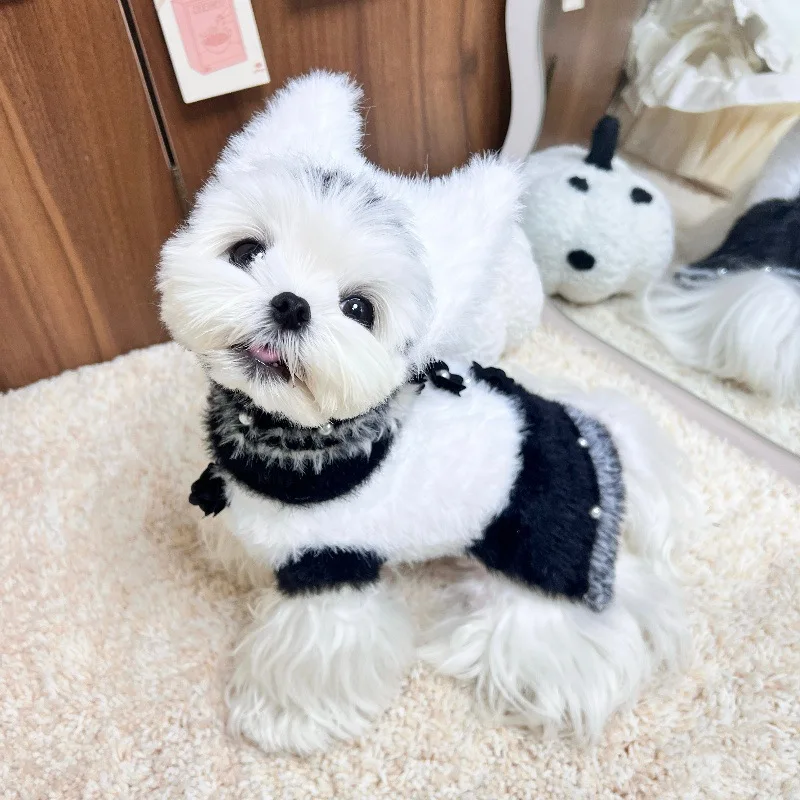 Vestido cálido de peluche para perros con falda de perlas y flores con lazo, chaleco suéter estilo Yorkshire de peluche lindo para perros pequeños y gatos |   Ropa para cachorros - imagen 3