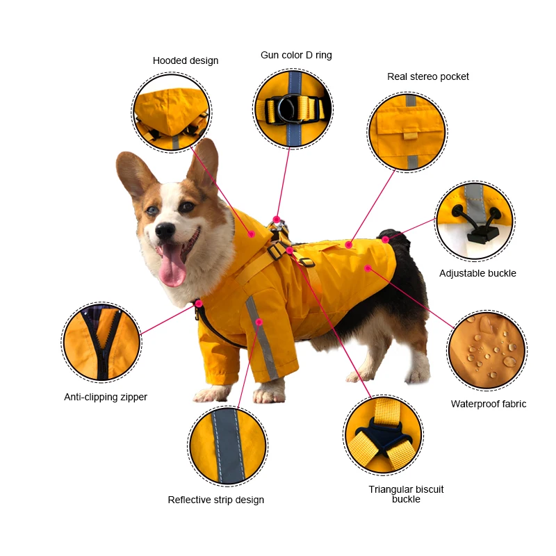 Chubasquero reflectante con arnés para perros pequeños, ropa impermeable para cachorros Corgi Shiba Inu, impermeable para mascotas - imagen 3