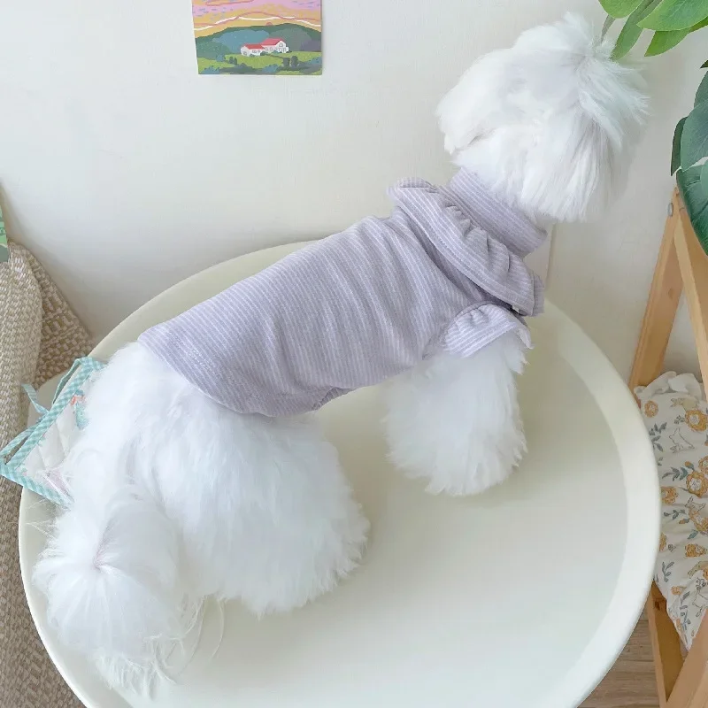Ropa para mascotas, camisa básica de verano e invierno con cuello de encaje de felpa, camiseta con mangas voladoras, ropa para cachorros, Top de invierno a rayas moradas - imagen 4