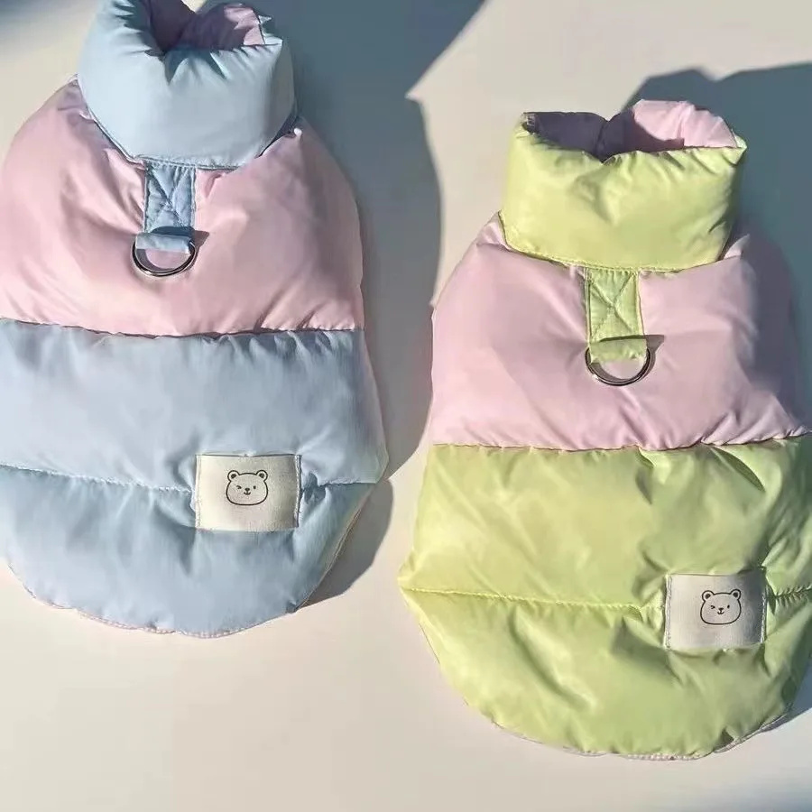 Abrigo de retales de Color helado de cuello alto para otoño e invierno para mascotas, abrigo grueso de invierno contrastante de peluche, ropa de otoño e invierno para gatos pequeños - imagen 4
