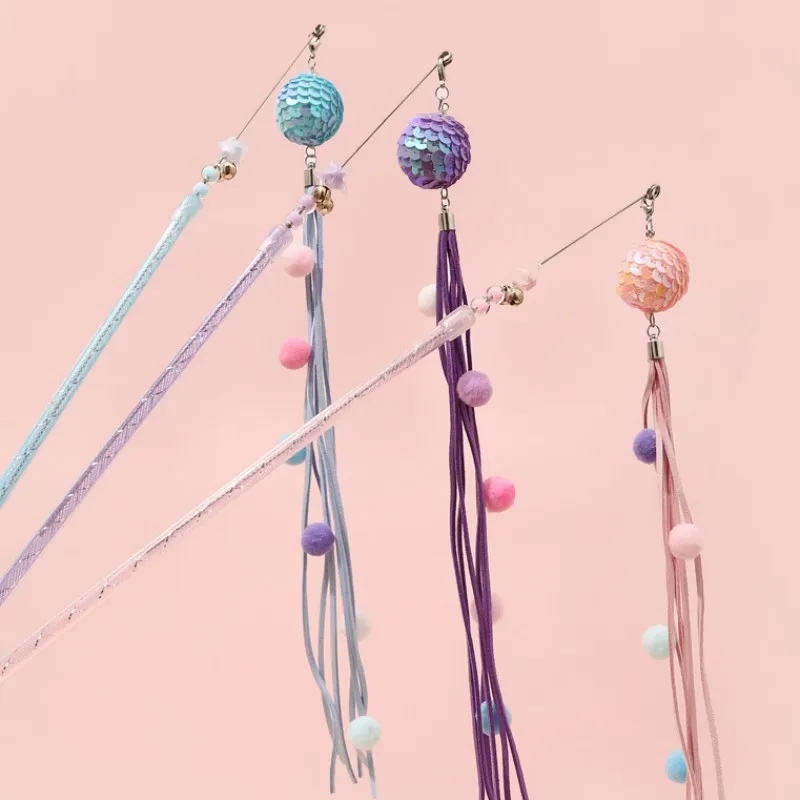 Bola de lana con borla para gato, palo con lentejuelas, pluma interactiva, suministros para mascotas - imagen 3