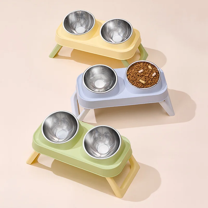 Cuenco elevado de acero inoxidable para gatos, plato doble, antideslizante, sin punta, soporte para el cuello para mascotas, perros y gatos