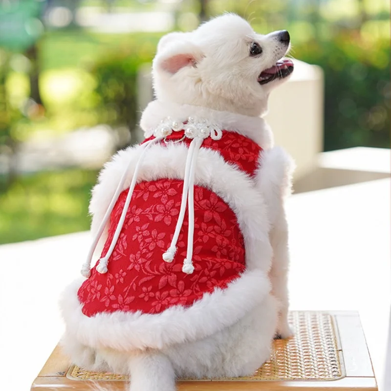 Chaleco para perro de estilo chino, chaqueta cálida de invierno para perros, abrigo con estampado Floral para cachorros, chaqueta suave bonita para gatos, abrigo, monos para caniche para mascotas