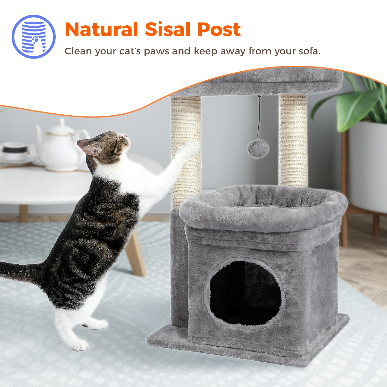 Árbol para gatos Torre para gatos de interior con postes rascadores de sisal natural y pompón de felpa para gatos pequeños, Condo privado y acogedor - imagen 4