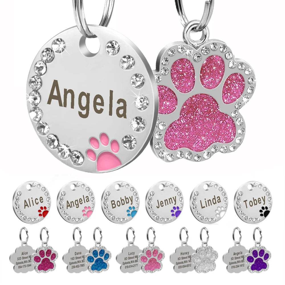 Etiqueta de identificación personalizada para perros y gatos, etiquetas de nombre con diamantes de imitación ostentosas para cachorros y gatitos, accesorios para Collar antipérdida para mascotas, productos para mascotas grabados gratis