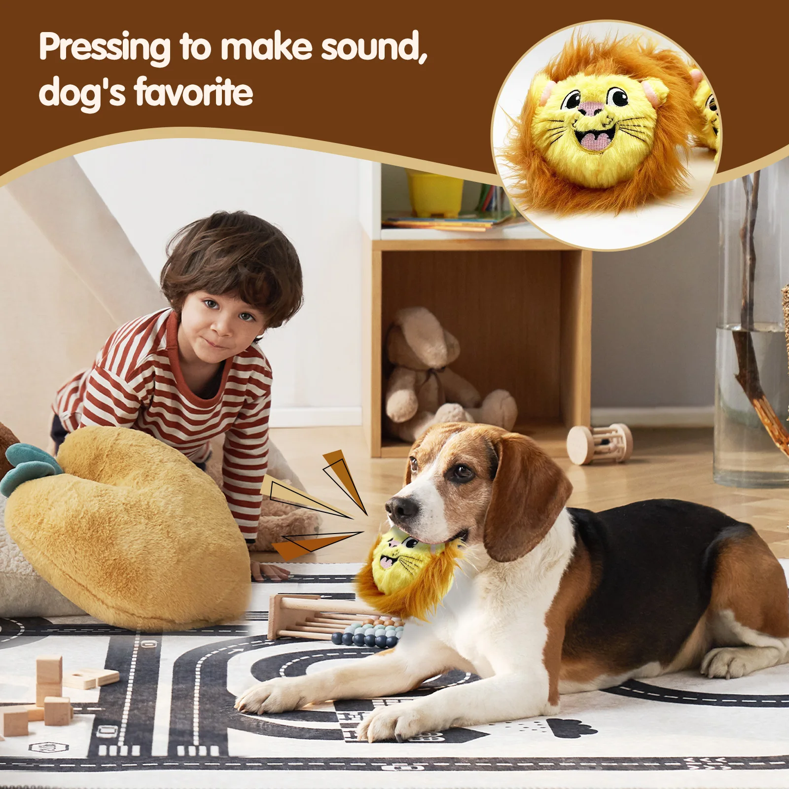 Lindo perro mascota de peluche con bola de púas, juguete con sonido, león amarillo alivia el aburrimiento y acompaña perros de tamaño mediano a grande - imagen 4