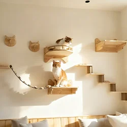 Mueble de pared para gatos: estante flotante, rascador y hamaca