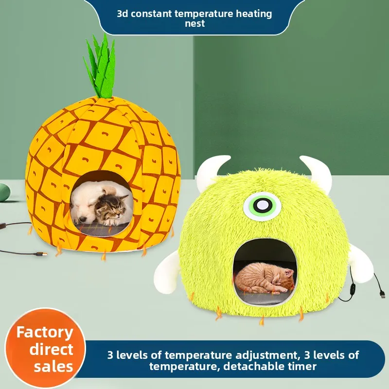 Control de temperatura USB de 3 velocidades, cama para mascotas con calefacción termostática 3D para gatos/perros, forma de piña/monstruo, estera lavable extraíble - imagen 2