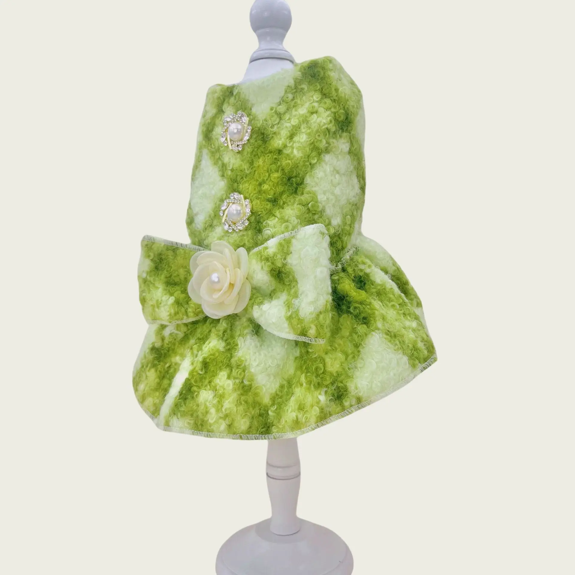 Otoño e Invierno, vestido de lana a cuadros con lazo para mascotas, abrigo de invierno para gatos, abrigo de lana, vestidos para perros pequeños de peluche para perros pequeños - imagen 3