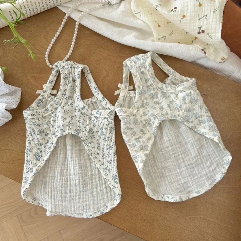 Ropa para mascotas, camisa con lazo, chaleco de flores de verano, camisola, vestido, pijamas para el hogar, camiseta para perros pequeños, falda Base, trajes para cachorros - imagen 2