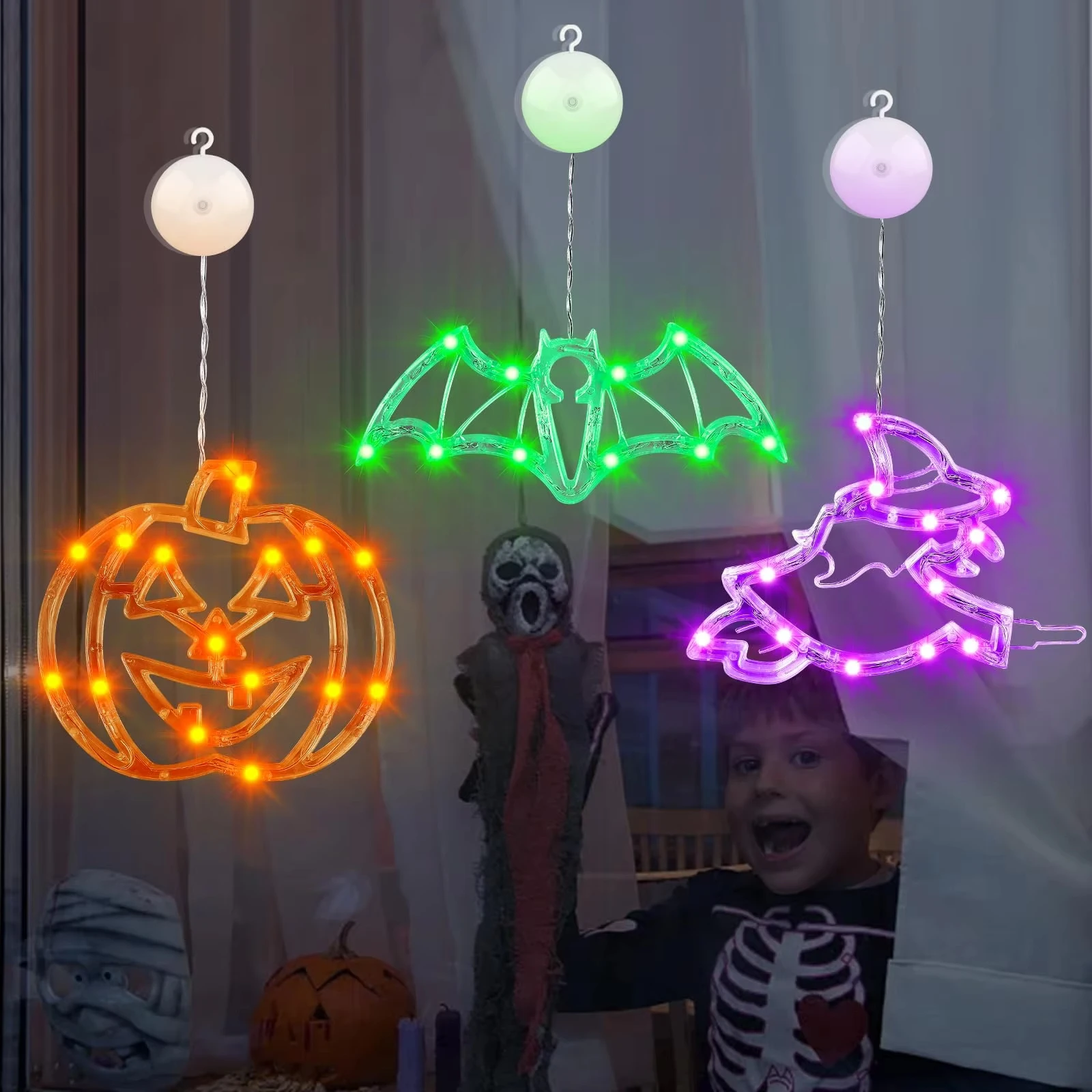 Guirnalda de luces Led para Halloween, lámpara de modelado con sombrero de araña y calabaza fantasma con ventosa, decoración para fiesta y Halloween, nuevo - imagen 5