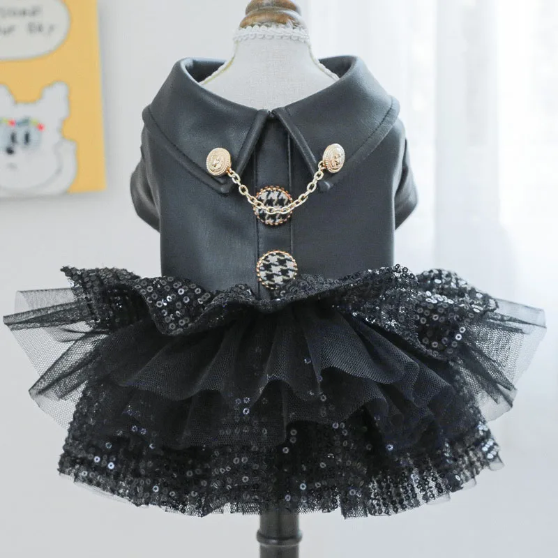 Ropa negra de PU para perros, disfraz de cuero de lujo para invierno, abrigo cálido para perros pequeños, falda de tul con lentejuelas Chiwawa, abrigos, chaqueta XS