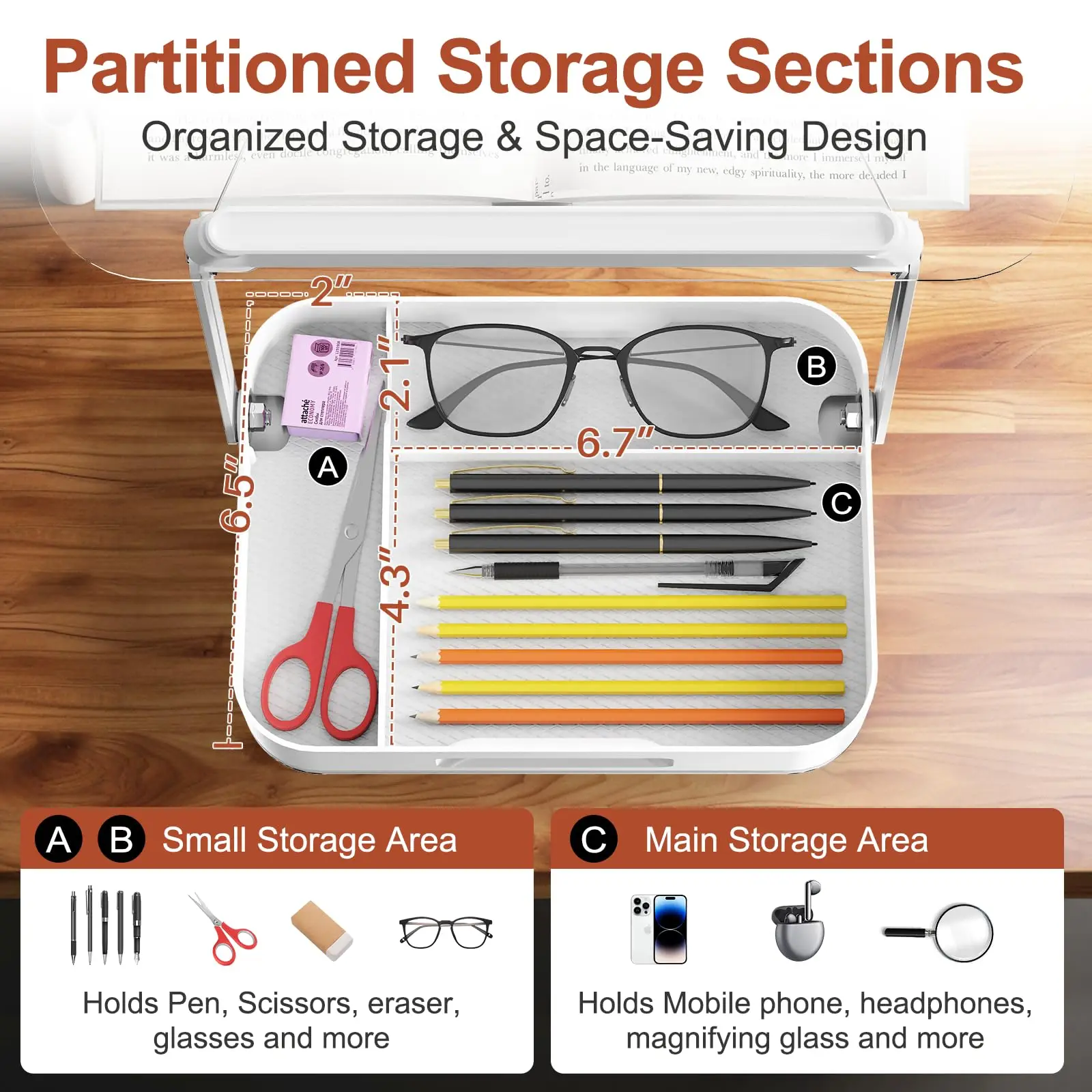 Soporte de acrílico para libros con almacenamiento, soporte ajustable para libros para leer con 360 °   Bases giratorias, soporte elevador de escritorio plegable - imagen 4