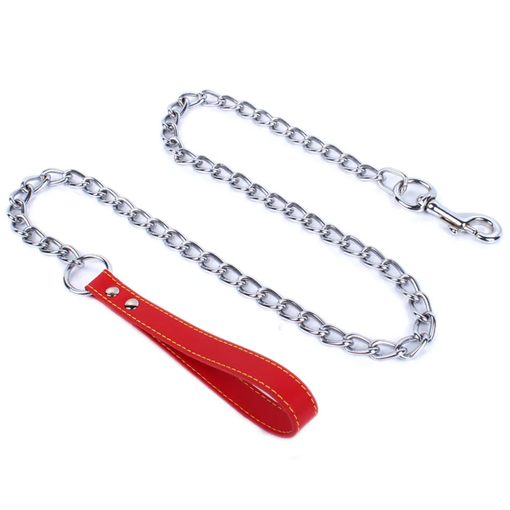 Cadena de Metal antimordida duradera para perros, correa de cadena para perros pequeños, medianos y grandes, mango de plomo, cadena de hierro de cuero PU, accesorios para mascotas - imagen 3