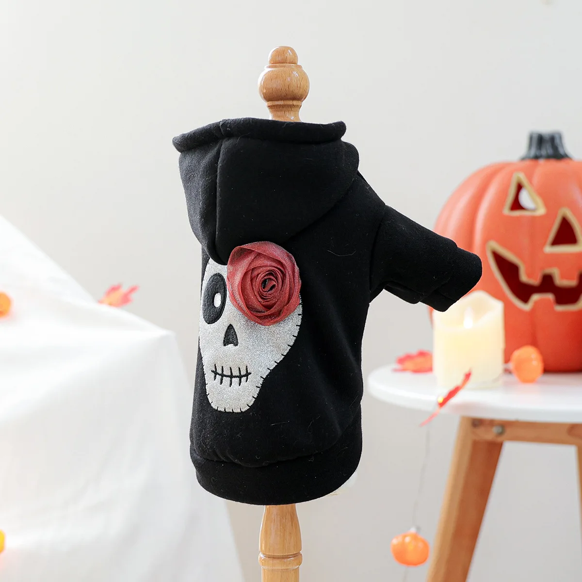 Ropa de Halloween para mascotas, calavera de perro con rosa, Sudadera con capucha para perro con sombrero, ropa elegante para mascotas, ropa de cosplay para mascotas, ropa de fiesta para mascotas - imagen 4