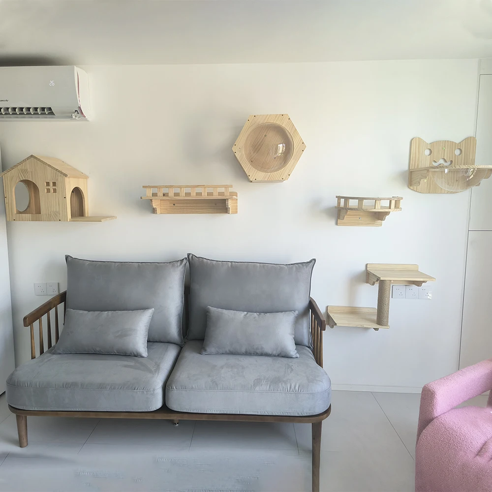 Villas para gatos montadas en la pared con varios estilos de camas para gatos, accesorios para escaleras de madera maciza, adecuados para gatos para jugar y descansar