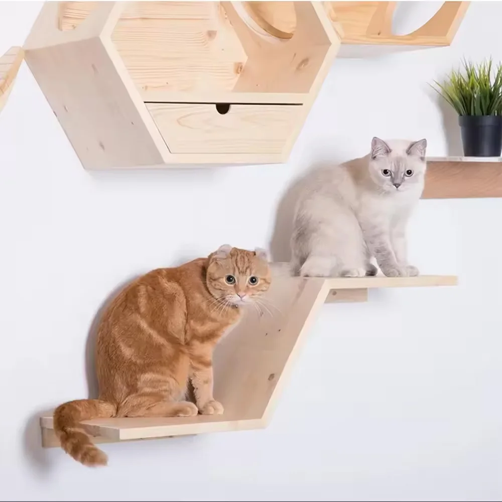 Sistema de escalada para gatos en forma de Z montado en la pared Estructura de madera maciza con pedales de fieltro y postes rascadores de sisal Ideal para jugar con gatos - imagen 5
