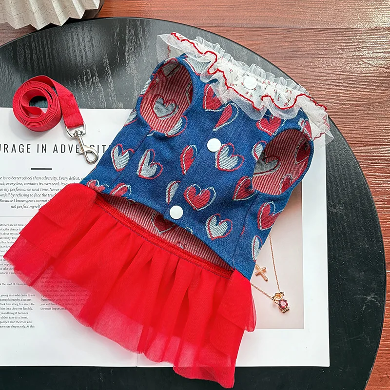 Vestido primavera para perro pequeño Chihuahua mezclilla tul rojo - imagen 2