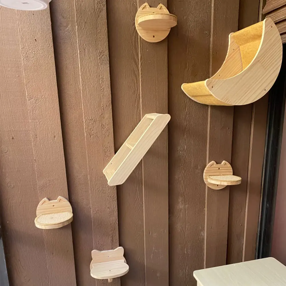 Hamaca en forma de luna de gato montada en la pared con plataforma de salto o escalera de madera, muebles de pared de gato DIY para gatito durmiendo jugando - imagen 3