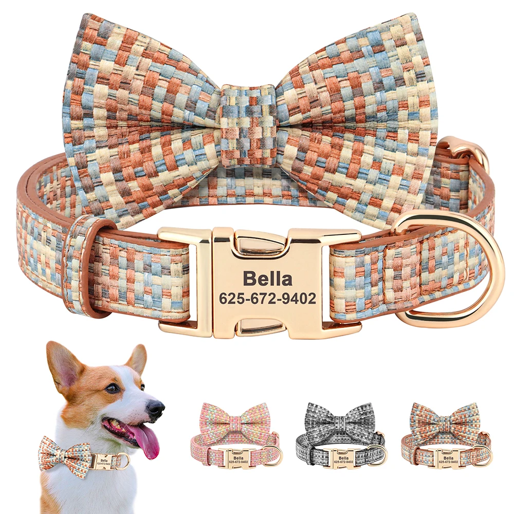 Collar de perro personalizado, pajarita de moda para perros, collares de nailon, Collar de identificación con nombre de mascota grabado personalizado para perros pequeños, medianos y grandes, color rosa - imagen 3