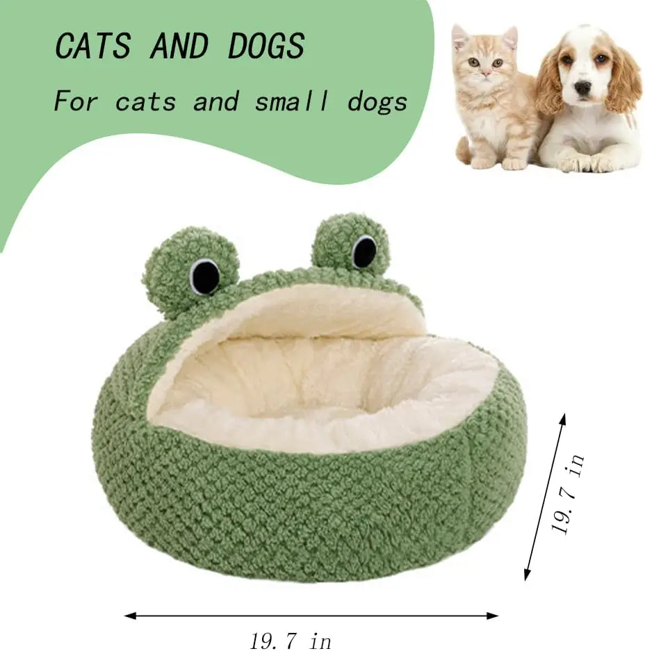 Cama para mascotas para perros pequeños y gatos, cama redonda de felpa cálida para invierno, cesta para gatos con diseño de rana de dibujos animados verde - imagen 4