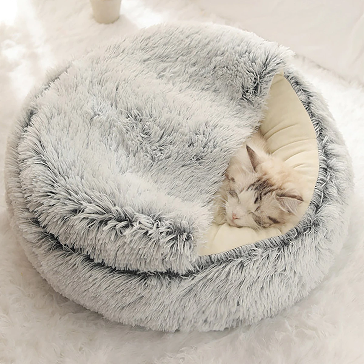 Cama redonda de felpa esponjosa para gatos, cueva con capucha, acogedora para interiores, camas para perros pequeños, donut Calm Anti-nxiety - imagen 2