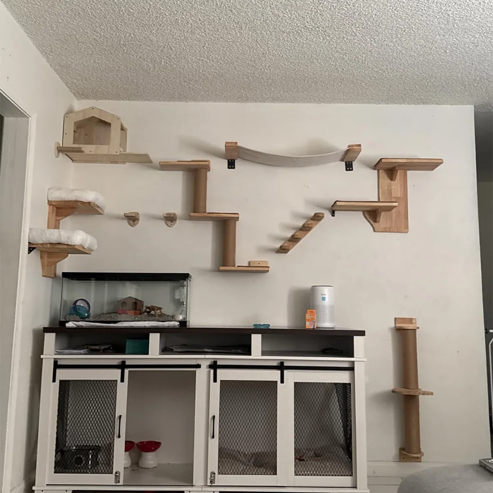 Casa para gatos montada en pared con puente, hamaca y rascador - imagen 2