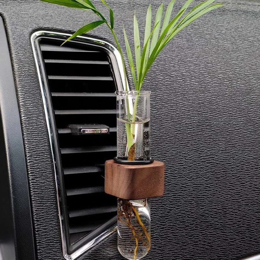 Mini florero estable para coche, Clip elegante y ajustable para ventilación de coche, florero de nogal y vidrio, decoración creativa para ventilación de coche, tablero - imagen 2