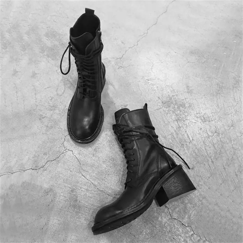 2025 marca de invierno de alta calidad Chic Cool botines de mujer moda negro tacones de bloque con cordones cremallera motocicletas botas zapatos - imagen 2