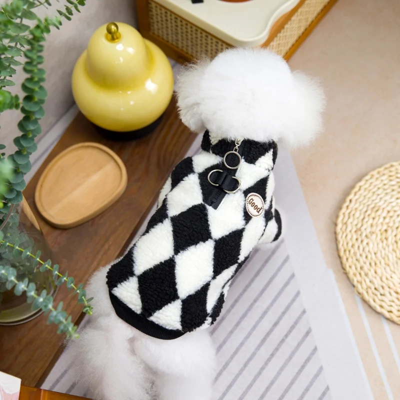 Sudaderas con capucha de felpa para perros con anillo en D, ropa cálida y suave para perros, jerséis bonitos a cuadros para cachorros, chaqueta con capucha para gatos a la moda, abrigo para mascotas