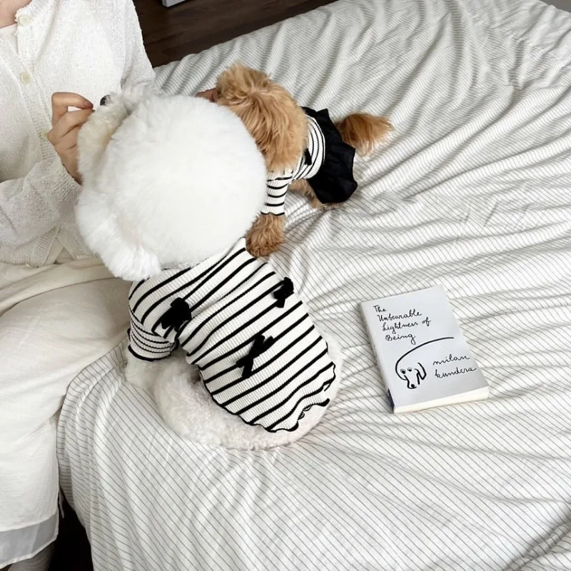 Summer Pet Bow Puppy Shirt Collar Strap Fashion Flying Sleeve Striped Dog Dress Black White Dress Teddy for Small Dog Clothes - imagen 5