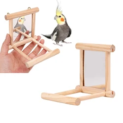 Juguetes de espejo para pájaros y loros, de madera con soporte para percha, jaula para pájaros, juguetes para loros, periquitos, cacatúas, jaula, accesorios para periquitos