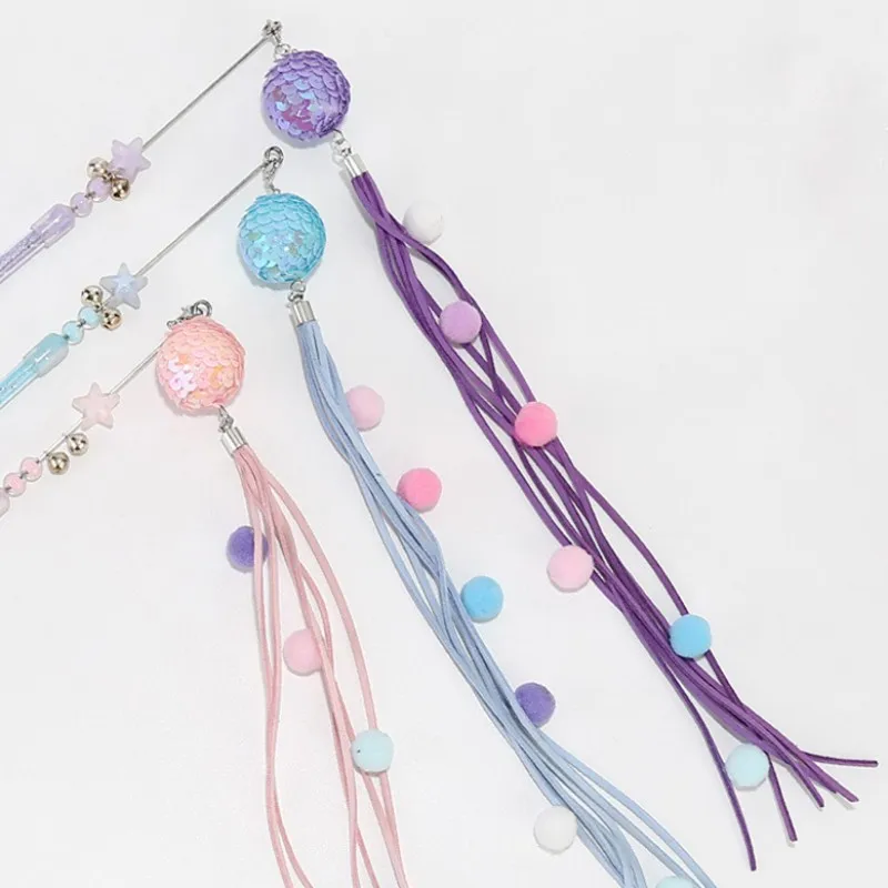 Bola de lana con borla para gato, palo con lentejuelas, pluma interactiva, suministros para mascotas - imagen 5