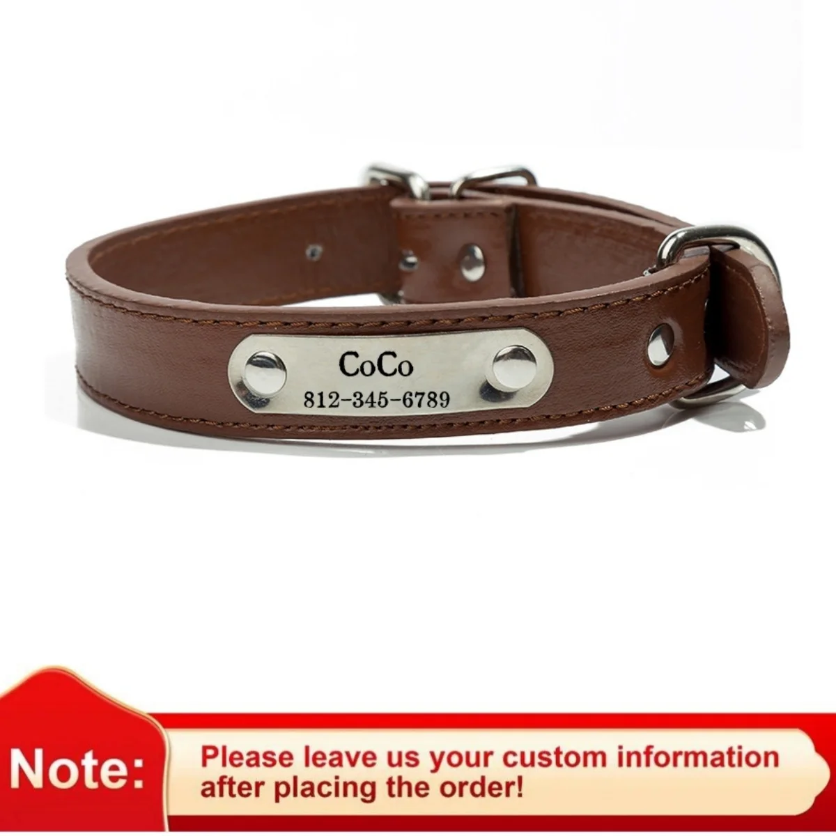 Collar de perro personalizado con nombre, etiqueta de identificación tallada, Collar de cuero PU sólido antipérdida para perros pequeños, medianos y grandes, suministros para cachorros y gatos - imagen 3
