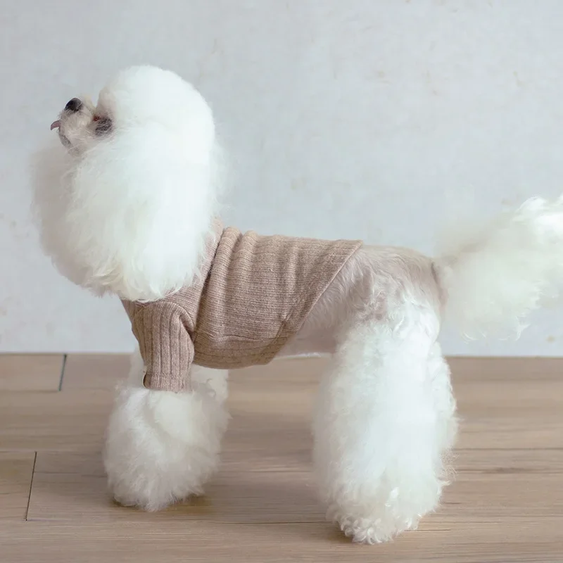 Ropa a rayas para mascotas, camisa básica de cuello alto, Top de punto bonito con abrigo de felpa para mascotas, camisa de oso de peluche, Sudadera con capucha para el hogar para perros pequeños - imagen 3