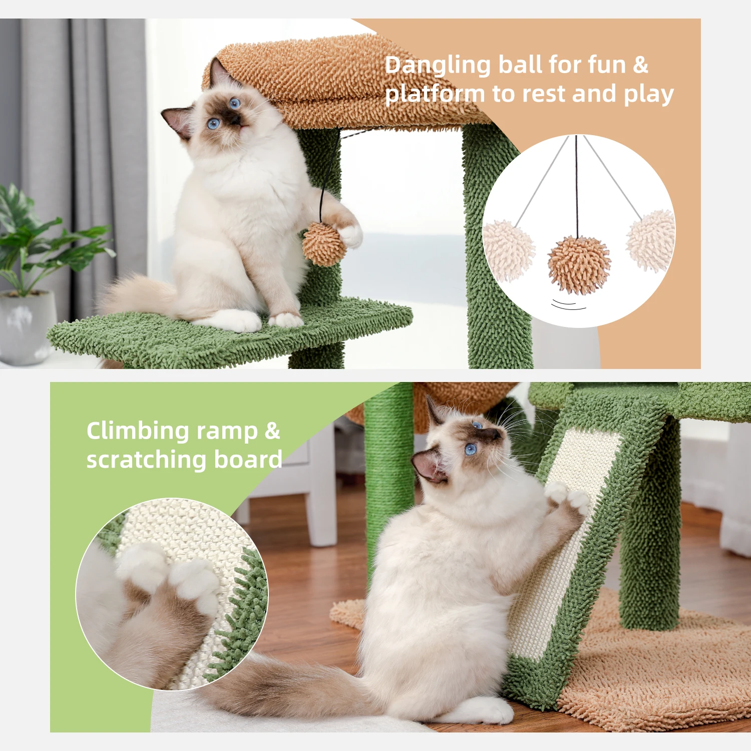 Torre de Cactus para gatos con poste de rascado cubierto de Sisal y condominio acogedor para gatos de interior, soporte de escalada para gatos con perca de felpa - imagen 4