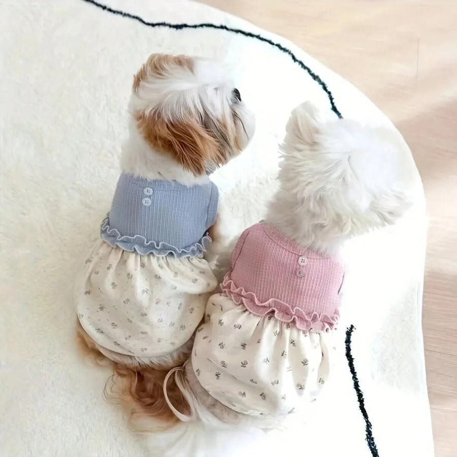 Vestido punto acanalado para perro pequeño con falda floral y volantes